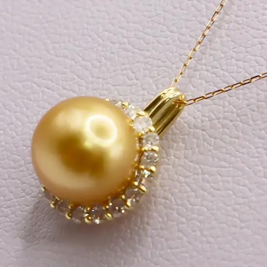 2075 K18 南洋ナチュラルゴールデン真珠　9.0㎜up　ダイヤモンド0.28ct　ペンダントネックレス