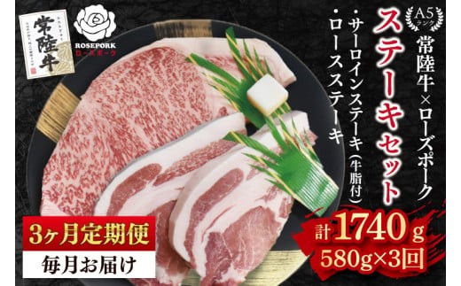 
            【3ヶ月定期便】【常陸牛 A5ランク・ローズポークステーキセット】常陸牛サーロインステーキ300g＋ローズポークロースステーキ280g（140g×２枚） 冷凍 国産牛 和牛 牛肉 豚肉　ブランド豚 茨城県 水戸市 食べ比べ セット商品 国産 老舗精肉店 (EK-44_1)
          