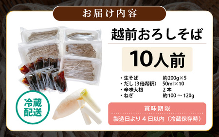 冷蔵 越前おろしそば 10人前（辛味大根・ねぎ・だし付き）生蕎麦（保存料・防腐剤・添加物不使用）【ソバ 麺 年末 年越し ざるそば】【お届け希望日指定可能】美味しいそばのゆで方ポイント付 [e21-b