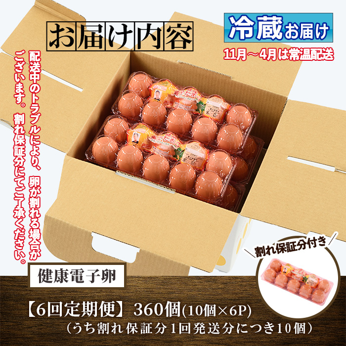 《定期便・全6回》鹿児島県産！健康電子卵(計360個・10個入り×6P×6回) 国産 九州産 たまご タマゴ 玉子 生たまご 親鳥 親鶏 新鮮 鶏卵 常温 毎月 連続 小分け パック 朝ごはん おかず