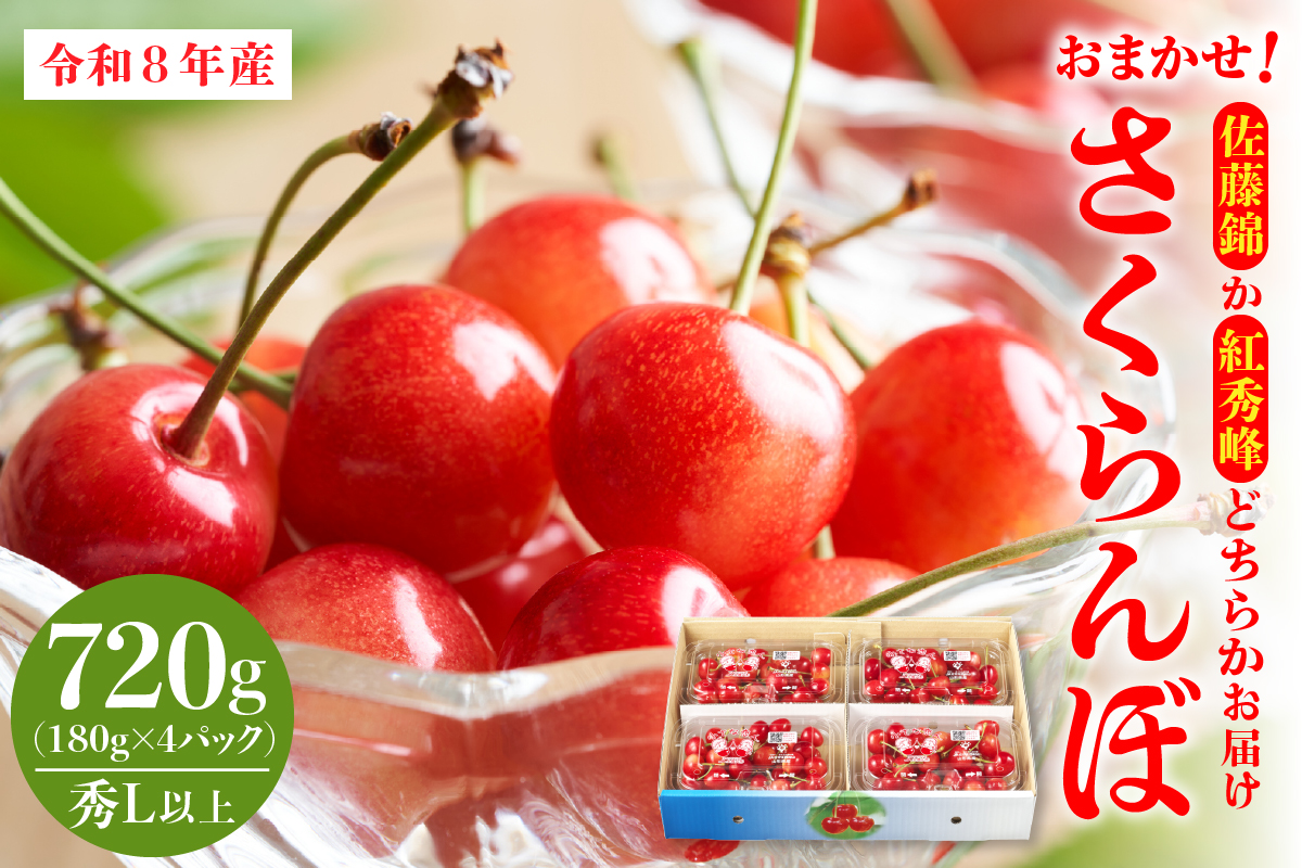 【令和8年産】おまかせさくらんぼ「佐藤錦or紅秀峰」秀Ｌ以上 720g （180gフードパック×4パック）【JAさがえ西村山】 ka008-111e