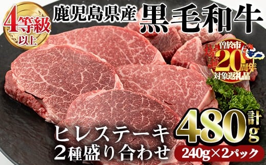 【期間限定肩ローススライス付き！】鹿児島県産黒毛和牛(4～5等級)ヒレステーキ2種盛り(合計680g / ヒレ240g×2P・肩ローススライス200g×1P) 牛肉 ヒレ肉 冷凍【カミチク】A231-v01-01