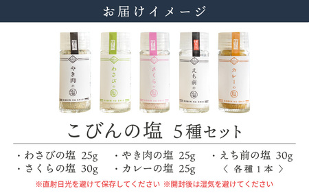 こびんの塩 瓶タイプ 卓上塩 5種 セット【わさび  さくら やき肉 カレー えち前の塩】【万能塩 小分け 便利 お楽しみ ご飯のおとも 小瓶 携帯 焼肉 BBQ 和菓子 魚 刺身】 [e13-a00
