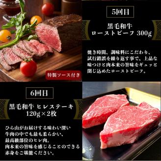 訳あり 京都府産黒毛和牛(A4・A5)人気部位 6回定期便 【焼肉・すき焼き・ステーキ2種・しゃぶしゃぶ・ローストビーフ 計2.54kg】 京の肉 ひら山 味わいづくし ≪定期便 牛肉 京都丹波産≫