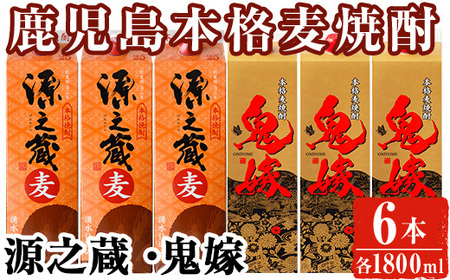 本格 麦 焼酎 飲み比べ 岩川醸造 1800mlパック 6本セット！(源之蔵、鬼嫁：各1800ml×3本)【大隅家】B138-v02