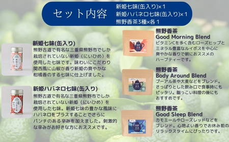 熊野香茶＆七味セット（ハーブティー3種、新姫七味、ハバネロ七味）