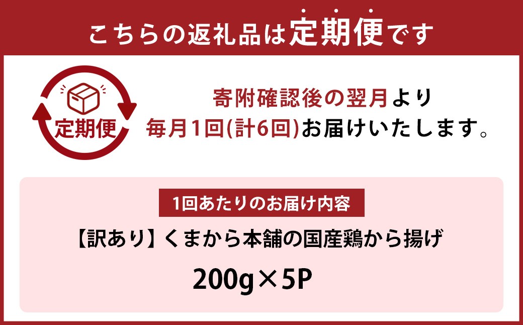 【定期便6回】【訳あり】くまから本舗の国産鶏から揚げ 約200g×5パック
