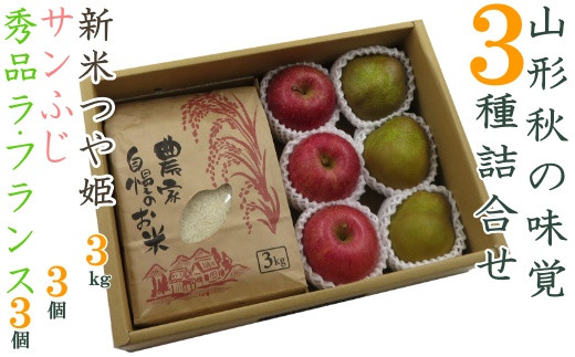 
            【2025年11月～12月発送】山形秋の味覚3種詰合せ（新米つや姫3kg＆ラフランス・サンふじ各3個）_H125(R7)
          