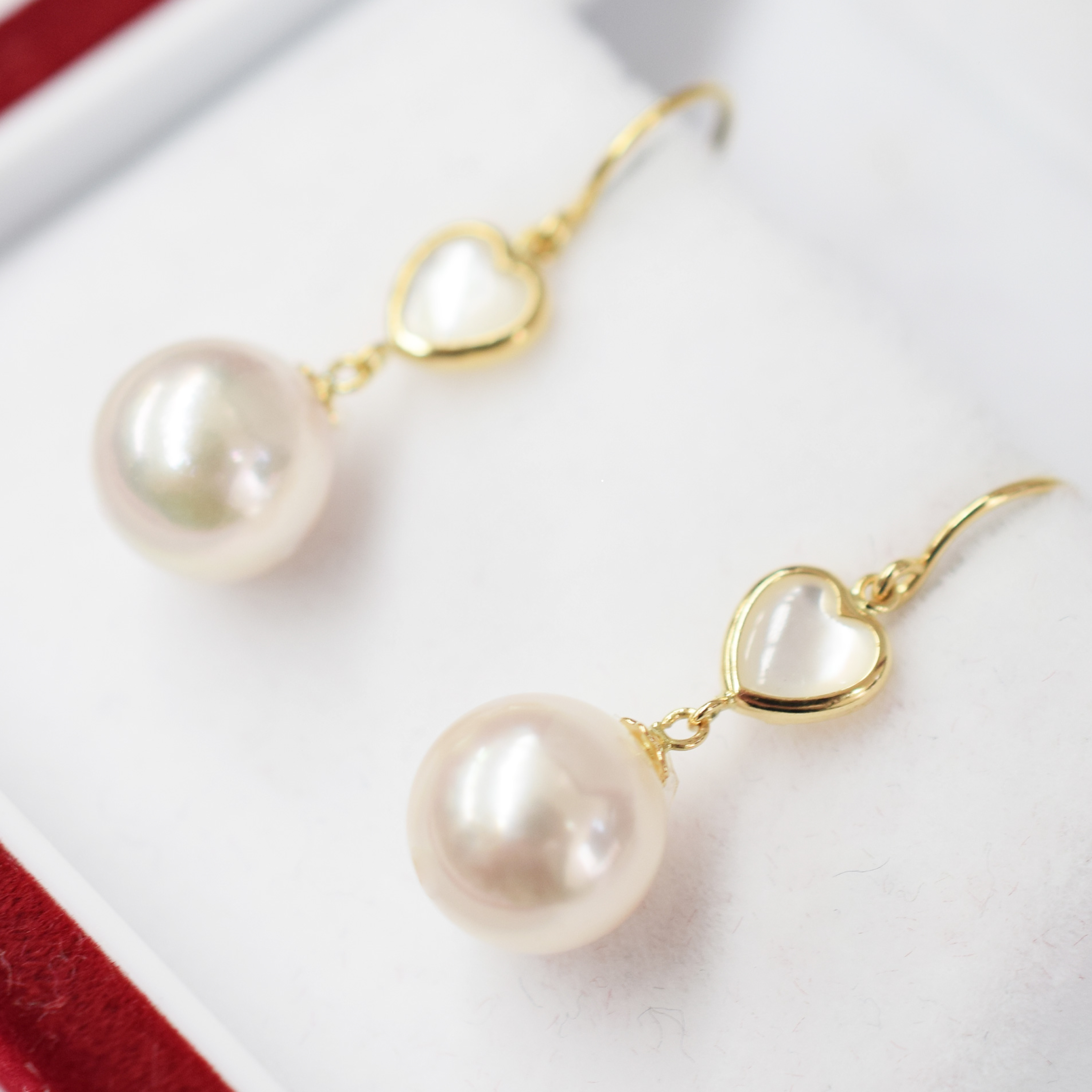 S101-423_あこや真珠 天草 ピアス シェル 8mm - 8.5mm ハート ホワイトピンク K18 K14 YG WG