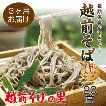 【ふるさと納税】【定期便3回】創業90余年の老舗・越前そばの里　常温で長期保存できる「越前そば」20食　楽天そばランキング常連の 越前そばの里がふるさと納税でも！送料無料 そば 越前そば 福井県 越前市 おうち時間 蕎麦（18209）