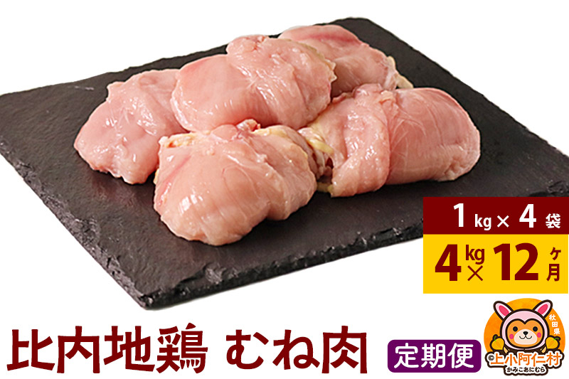 
            【定期便12ヶ月】比内地鶏 むね肉 4kg(1kg×4袋) 4kg 国産 冷凍 鶏肉 鳥肉 とり肉 ムネ肉
          