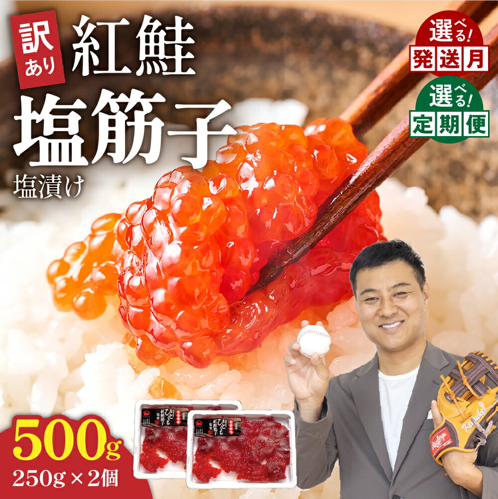 【ふるさと納税】すじこ 訳あり 北海道 紅鮭 塩 筋子 500g (250g×2個入）選べる配送月・定期便 加藤水産 ひとくちカット 不揃い 小分け 塩筋子 筋子塩漬け つまみ おつまみ魚介類 魚卵 鮭 いくら 冷凍 おせち