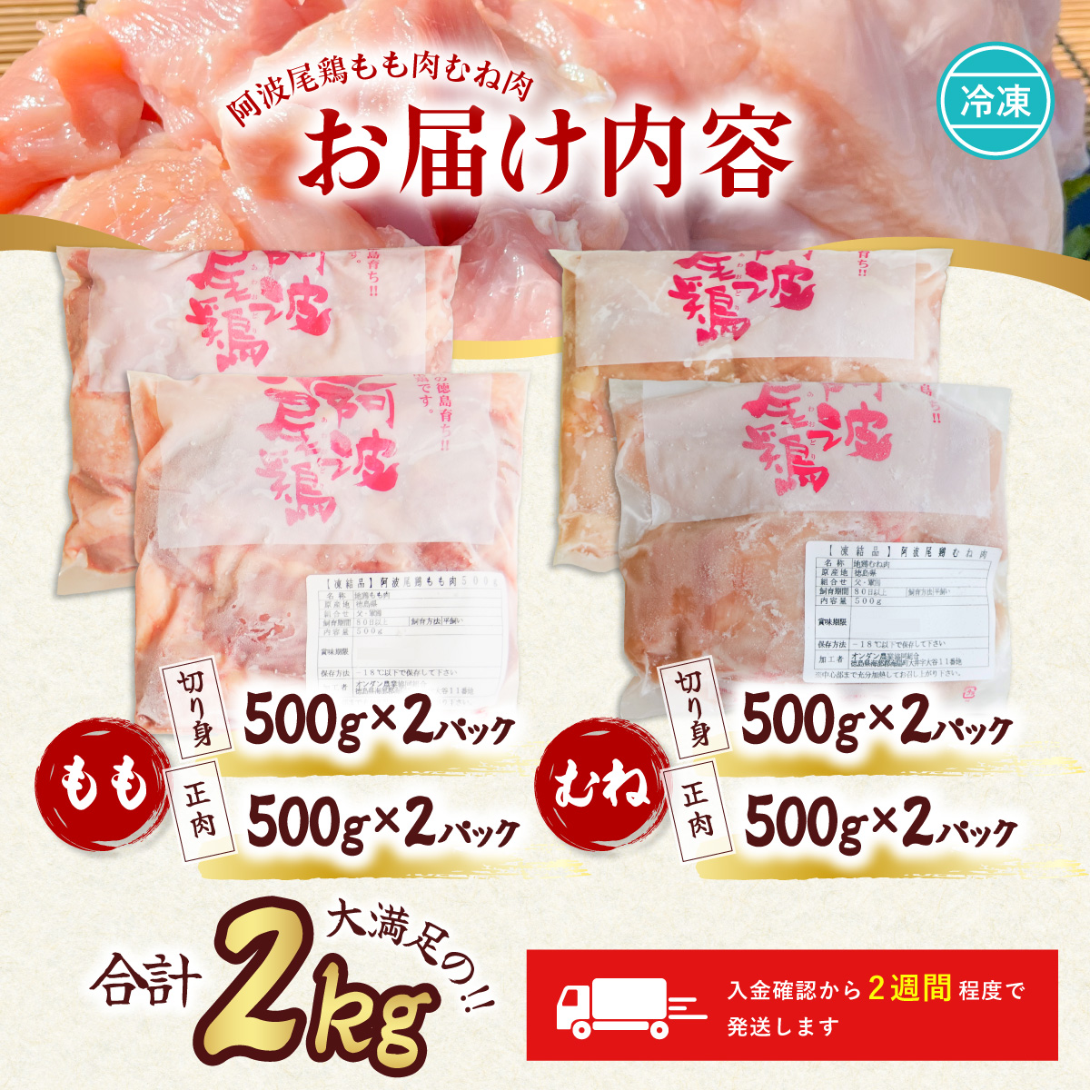 阿波尾鶏食べ比べ！もも肉・むね肉２kgセット