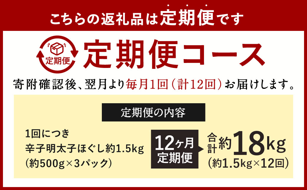 【12ヶ月定期便】辛子明太子ほぐし 約1.5kg 総重量約18kg 明太子 辛子明太子 めんたいこ ほぐし 海鮮 魚介類 魚卵 おつまみ ご飯のお供 定期便 冷凍 九州 福岡県 北九州市