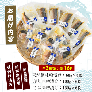 漁師がつくる味噌漬け16Pセット (指宿山川水産/IB035-019) 魚 味噌漬け 焼き魚 焼くだけ 鯛 ブリ ぶり 鰤 サバ さば 鯖 総菜 詰め合わせ セット