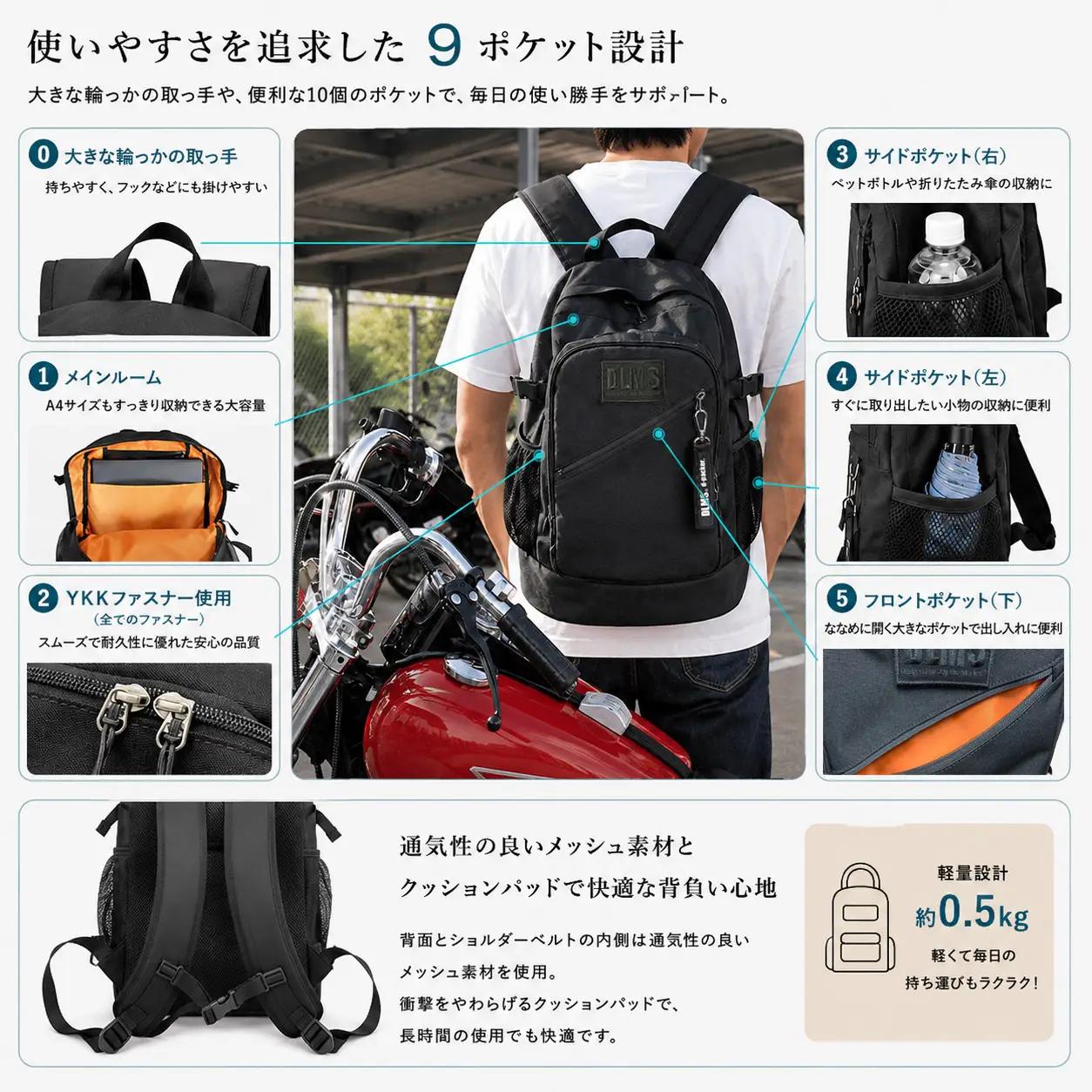 DLMS 撥水・軽量・大容量25L ワッペンロゴ バックパック（ブラック/ブラック） WZ018-2