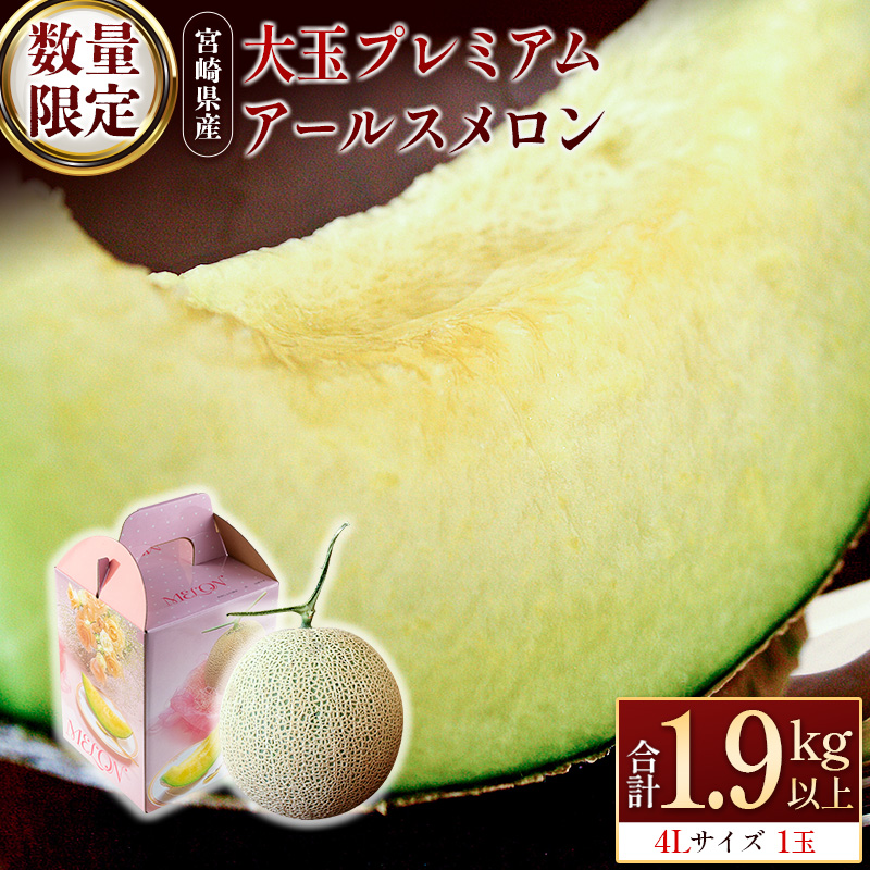 ＜数量限定＞大玉 プレミアムアールスメロン 4L1玉 秀品 1.9kg以上 先行予約 国産 贈答 化粧箱入 宮崎県産 ※2025年11月～12月の期間内に出荷【B578-01】