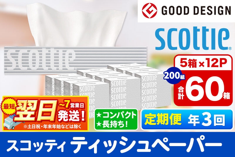 
                  《4ヶ月ごとに3回お届け》定期便 ティッシュペーパー スコッティ 200組 60箱(5箱×12パック) ティッシュ 最短翌日発送 [ティッシュ ボックスティッシュ スコッティ(SCOTTIE) スコッティティシュー 定期便]
                