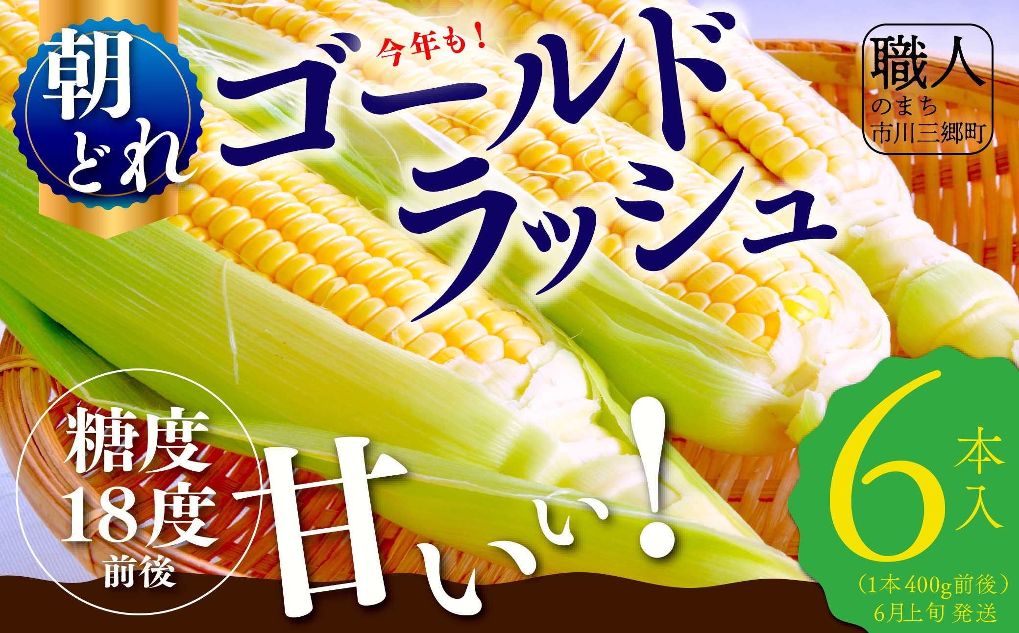 
                  2027年6月発送 ゴールドラッシュ 6本入り REGALO ｜人気 人気品種 とうもろこし トウモロコシ スイートコーン BBQ バーベキュー 焼き 茹で 夏野菜 野菜 高糖度 糖度 甘い 産地直送 新鮮 採れたて 朝採れ 贈答 特産品 山梨県 山梨 市川三郷町 市川三郷 [5839-2191]
                
