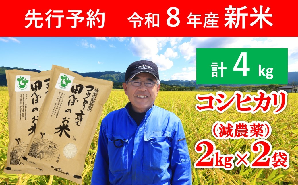 
                  先行予約 令和8年産 新米 特別栽培米 コウノトリ育む田んぼのお米 4kg（2kg×2袋）【 先行予約 令和8年産 新米 減農薬 コシヒカリ お米 安心 安全 良質 特別栽培米 美味しい 4㎏ コウノトリ 村上ファーム 】
                