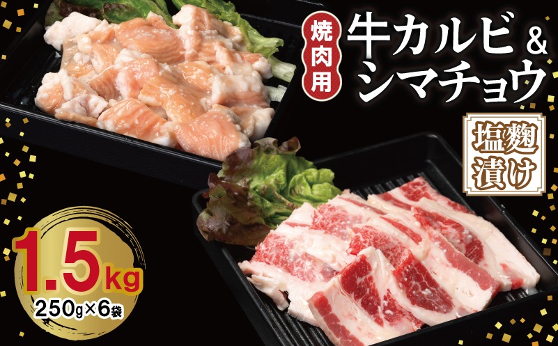 099H3398 牛カルビ＆シマチョウ 塩麹漬け 焼肉セット 合計1.5kg【味付け 小分け 焼くだけ 簡単調理 BBQ 250g×6袋 牛肉 ホルモン】