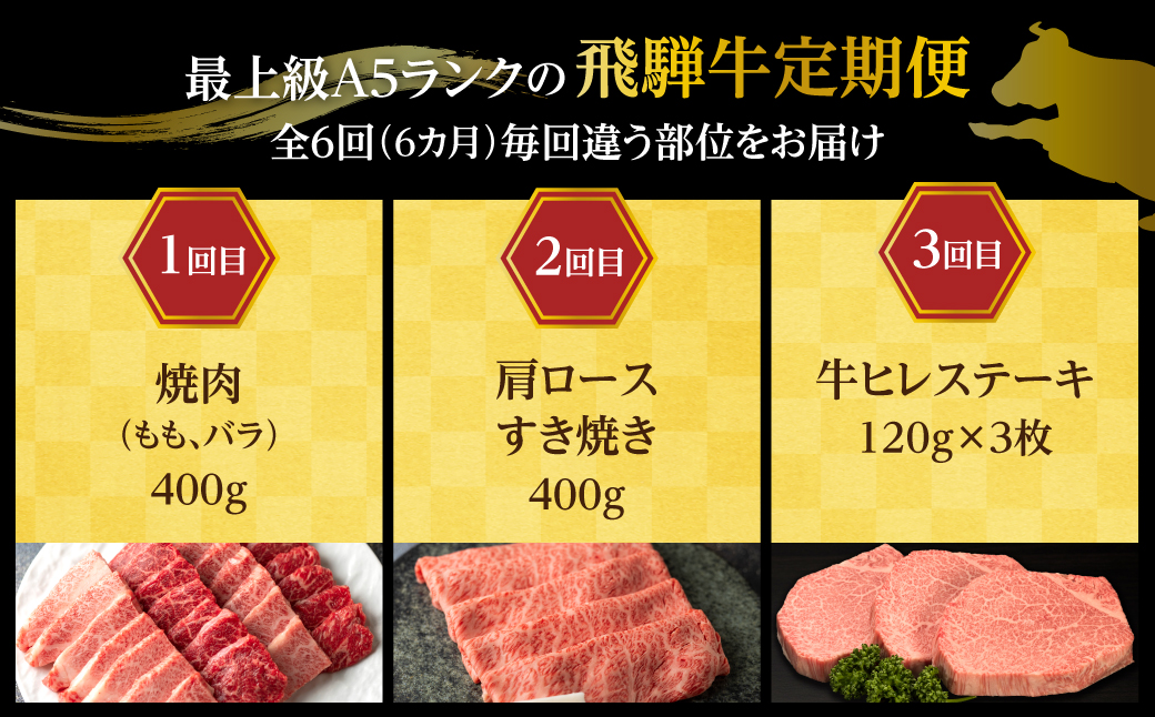 【定期便6ヶ月】 A5ランク肉 飛騨牛 定期便 約2.6kg(360g以上×6ヶ月) 牛肉 ( 焼肉 すき焼き しゃぶしゃぶ ステーキ 肩ロース ヒレ サーロイン もも バラ ) | 食べ比べ A5 