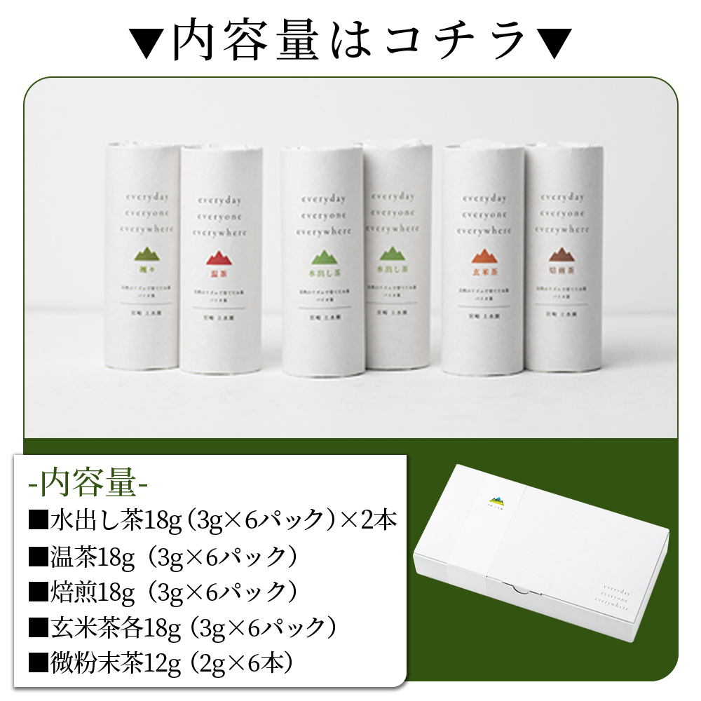 ＜everyday スターターセット 6本セット＞  お茶 水出し茶 温茶 焙煎茶 玄米茶 微粉末茶 バイオ茶 飲み物 飲料 ギフトボックス 贈り物 贈答用 ギフト 手土産 引き出物 結婚 出産 お祝