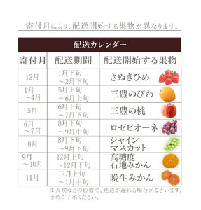 M160-0053_【配送不可地域：北海道・沖縄県・離島】フルーツ定期便 7回 三豊市 さぬきひめ 三豊のびわ 三豊の桃 ロゼピオーネ シャインマスカット 石地みかん 晩生みかん　フルーツ定期便 旬の