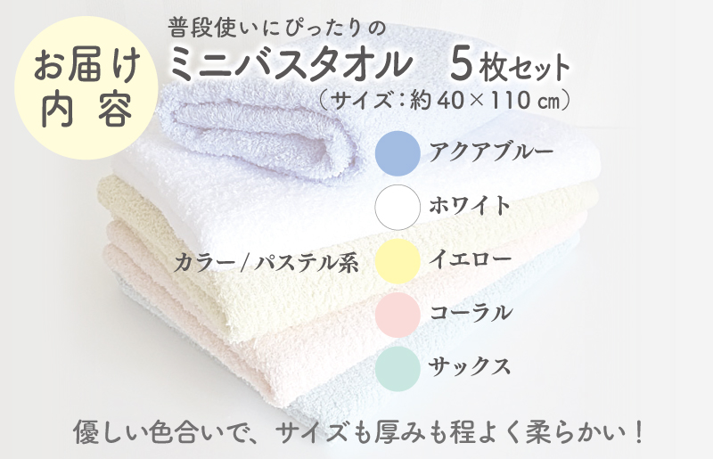 【スピード発送】泉州タオル「普段使いにぴったりのミニバスタオル」５枚セット（パステル系）【泉州タオル 国産 吸水 普段使い 無地 シンプル 日用品 家族 ファミリー】 G2237