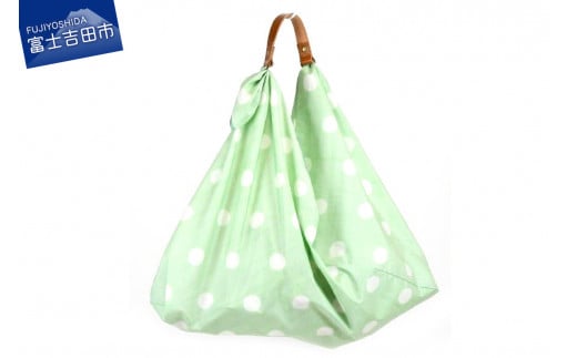 織物のワンマイルバッグ エコバッグ (本牛革製ハンドル付き) グリーン×水玉