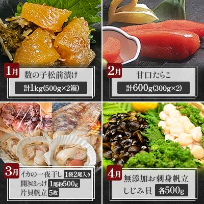 ふるさと納税 網走市 【発送月固定定期便】かにやの人気のプレミア海鮮グルメ定期便 網走自慢をお届け全12回 |  | 01