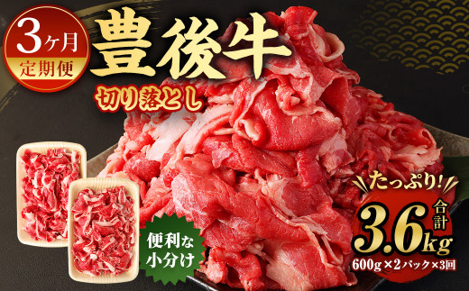 
【3ヶ月定期便】豊後牛 切り落とし 1.2kg (600g×2) × 3回 定期便 牛肉 大分県産 国産 焼肉 ステーキ 霜降り
