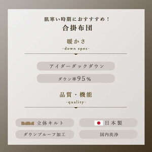 アイダーダックダウン95％使用 羽毛合掛け布団 ダブル 1枚 （ブルー）羽毛布団 合掛け布団 ダブル アイダーダックダウン95％ 国内洗浄 立体キルト 日本製 掛布団 寝具 春秋 中厚 ダウンケット 