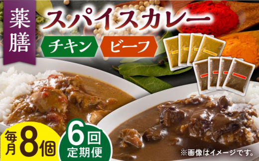 
【6回定期便】薬膳スパイスカレー ファミリーセット（チキンカレー 4食 ビーフカレー 4食） /自然庵 [UCQ011] カレー レトルトカレー 鶏肉 鶏 チキン 牛肉 牛 ビーフ
