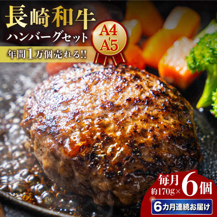【ふるさと納税】【6回定期便】【年間1万個売れる！】A4-A5 長崎和牛 ハンバーグセット 約170g×6個 長与町/meat shop FUKU[ECS007] 定期便 ていきびん ハンバーグ はんばーぐ 国産 長崎 和牛 肉 100% ソース付き 冷凍 個包装 人気 柔らか ふっくら お祝い 贈答日