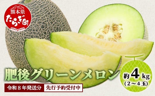 
            【2026年4月下旬〜順次発送 先行予約】肥後グリーンメロン 2玉〜4玉（約4kg以上）多良木町 熊本県 肥後グリーン メロン フルーツ 果物 期間限定 数量限定 108-0502
          