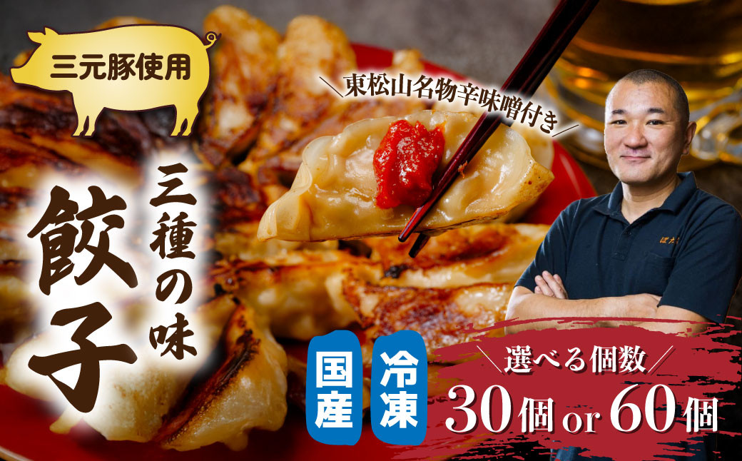 
            冷凍餃子 3種の味(みそだれ/肉/野菜) 30個or60個 | 餃子 ぎょうざ ギョウザ 冷凍 冷凍食品 国産豚 国産 野菜 肉 みそだれ 大容量 おかず おつまみ ビール 詰め合わせ 辛味噌 惣菜 味噌 名店 保存 家族 BBQ バーベキュー とんかつぼたん  埼玉県 東松山市
          
