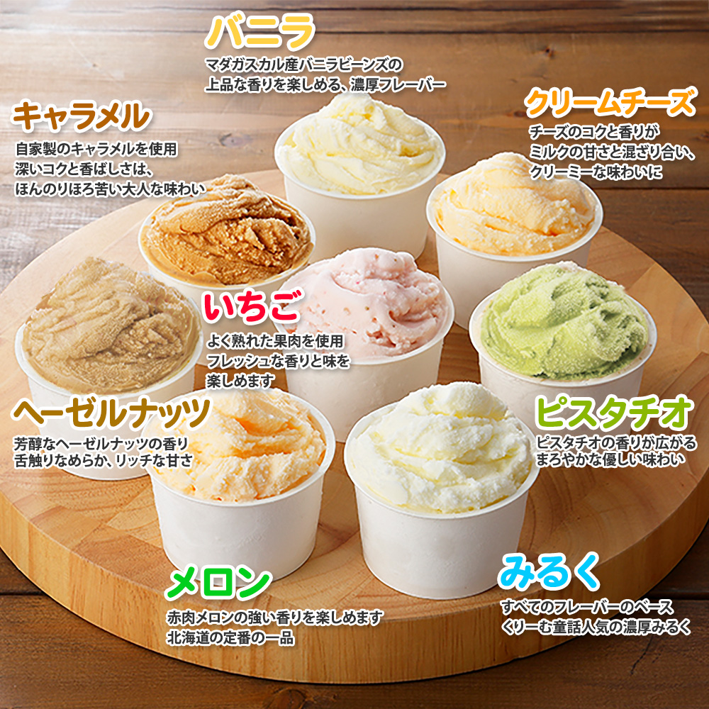 2357. 無地熨斗 くりーむ童話 カップ アイス 100ml×8個 みるく バニラ クリームチーズ メロン キャラメル 苺 ヘーゼルナッツ ピスタチオ アイスクリーム 送料無料 北海道 弟子屈町_イ