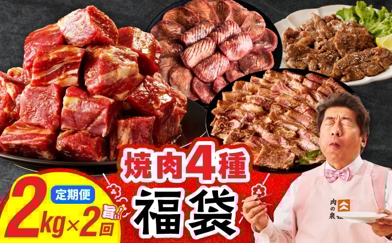 
            焼肉 福袋 4種セット 定期便 2kg×2回【氷温熟成×特製ダレ 食べ比べ 小分け 500g 牛肉 牛タン ヒレ ハラミ バラ 数量限定 毎月配送コース】
          
