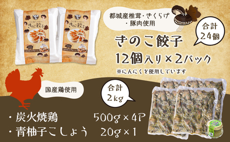 本格手焼き!炭火焼鶏(500g×4P)&きのこ餃子セット_MJ-1424_(都城市) 鶏肉 炭火焼き 小分け おつまみ 宮崎 餃子 きのこ 冷凍 柚子胡椒