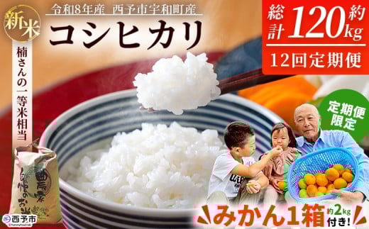 【先行予約】＼みかんもついてくる！／新米 ＜令和8年産 コシヒカリ 約10kg 12回定期便 ＋（定期便のみ）温州みかん2kg 西予市宇和町産＞ 白米 精米 楠さんの一等米相当 選べる 配送回数 お米 ご飯 愛媛県 西予市【常温】『2026年9月上旬から順次出荷予定』