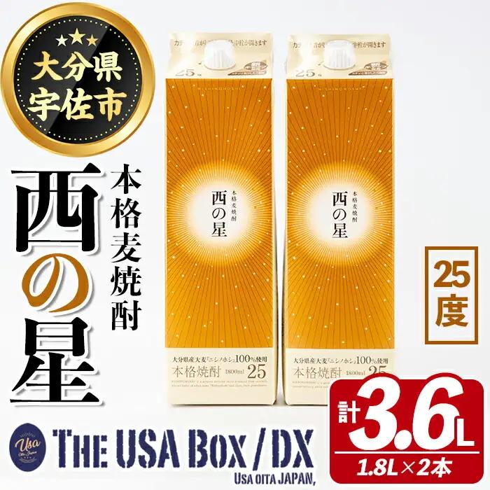 いいちこの推奨商品「西の星」地元産麦100％の本格麦焼酎 THE USA Box/DX(計3.6L・1.8L×2本)酒 お酒 麦焼酎 三和酒類 25度 セット 紙パック【114003301】【一般社団法人　地域商社USA】