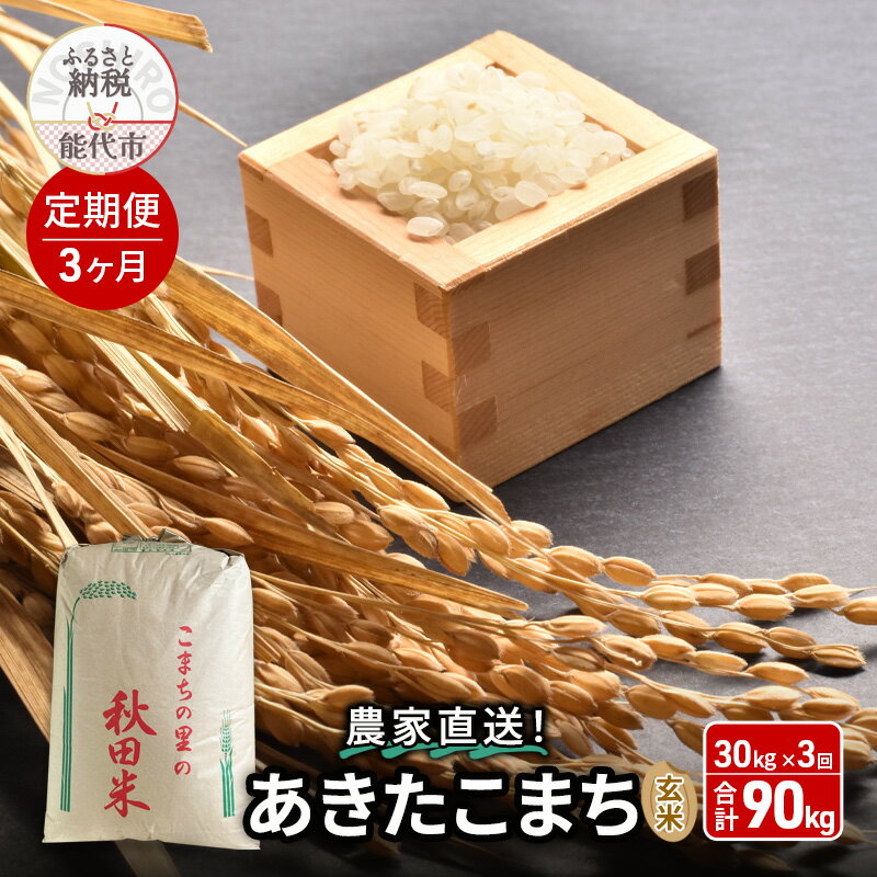 【ふるさと納税】《定期便3ヶ月》玄米 農家直送！うまい!! 本場のあきたこまち 30kg×3回 合計90kg ご飯 ブランド米 おにぎり 令和7年産 産地直送 おこめ ごはん 秋田県 秋田 能代市　お届け：2026年1月中旬頃より順次発送予定