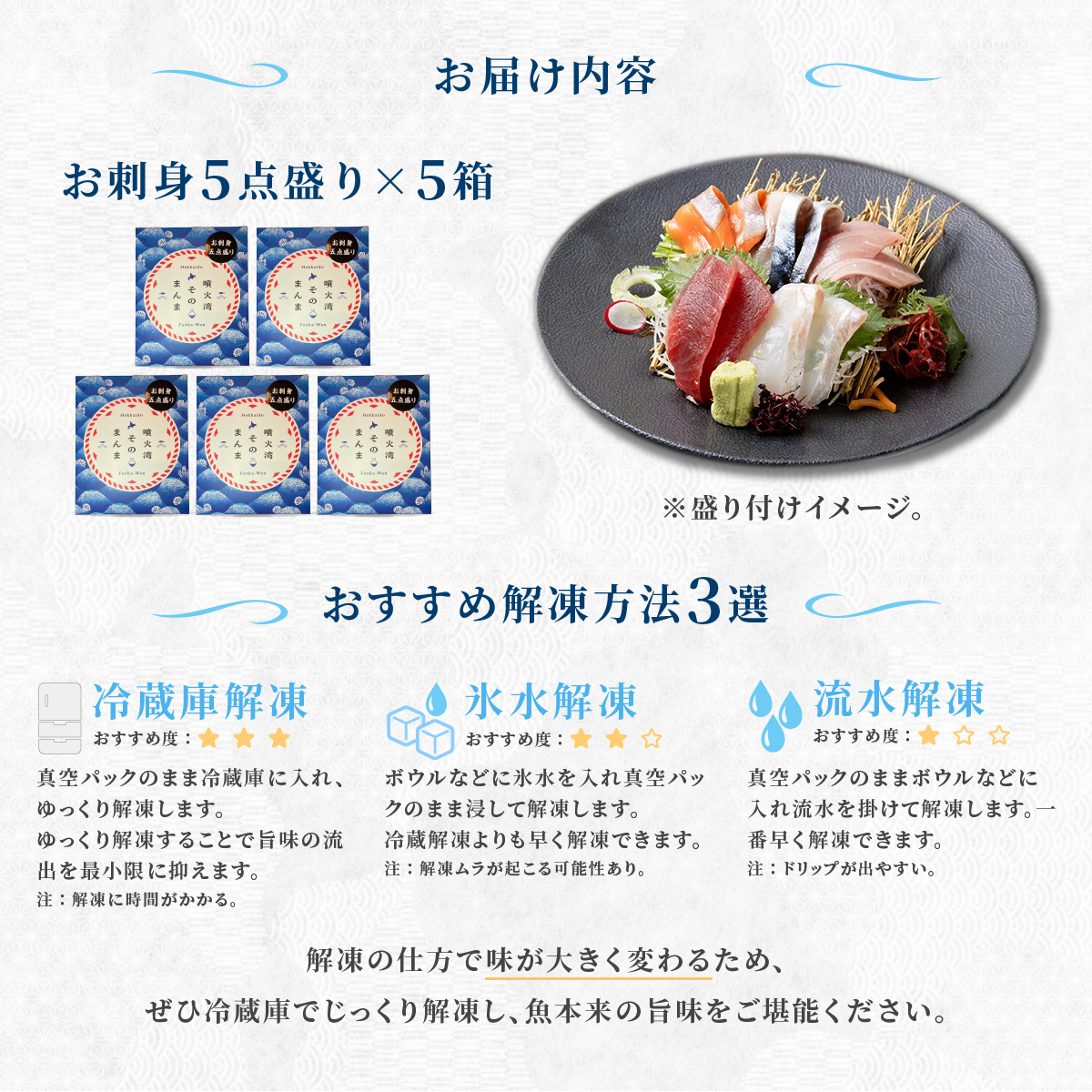 噴火湾そのまんま お刺身5点盛り(わさび・醤油付き)5箱 旬菜一鮮 だて大和屋 厳選 魚介 海鮮 刺身 刺し身 小分け 新鮮 魚介類 魚貝類 加工食品 贈答 ギフト 贈り物 ご褒美_イメージ4