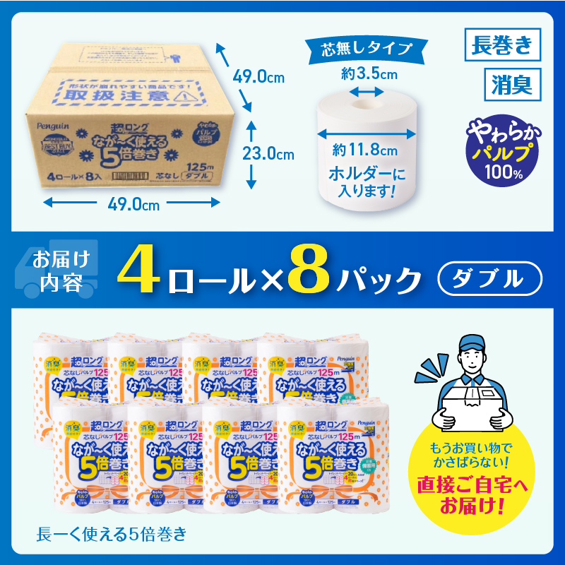 ペンギン芯なし超ロングパルプ125ｍ4Ｒ ダブル5倍長巻きトイレットペーパー　エコ　長持ち(a1376)