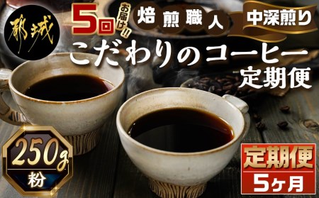 5回お届け!焙煎職人こだわりのコーヒー定期便【粉】250g 小分けパック(ジッパー・バルブ付) ※中深煎り※_TLA5-3301_(都城市) レギュラーコーヒー コーヒー粉 250g×1パック 少量パック ジッパー付き ポスト投函 珈琲 5ヶ月定期便