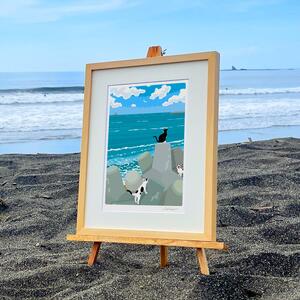 湘南・茅ヶ崎で描く、海を感じるイラストアート 『 湘南ランドスケープ10：午後の集会、俺たちの海 』 ジークレーアートフレーム （小/木地仕上げ） /絵画 風景 版画