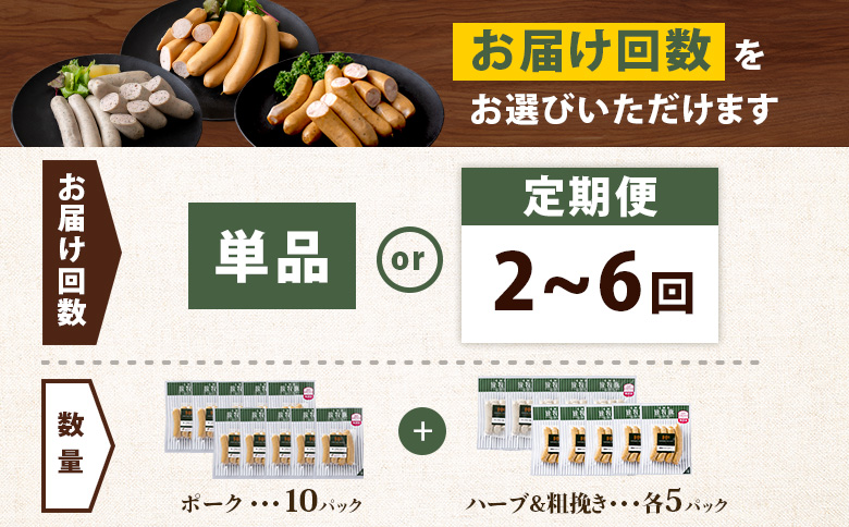 【定期便：６回】北海道産放牧豚 無添加ポークウインナー ×10パック＆粗挽きウインナー・ハーブソーセージ ×各5パック【12010001】 定期便（6回配送）