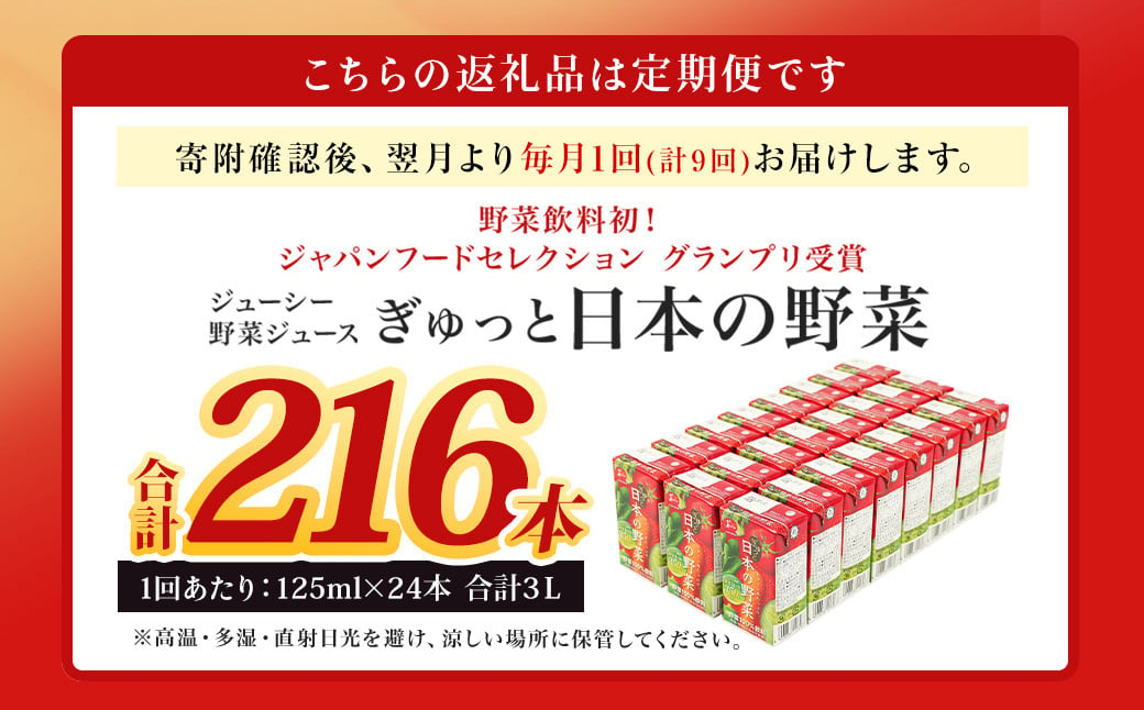 【9回定期便】ジューシー 野菜ジュース ぎゅっと日本の野菜100％ 125ml×24本