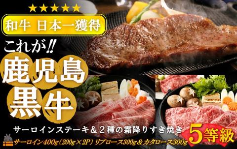 《和牛日本一獲得》5等級 これが!!鹿児島黒牛 サーロインステーキ＆2種の霜降り「すき焼き」（サーロイン400g（200g×2P）＆リブロース300g＆カタロース300g) ( 黒毛和牛 牛肉 )